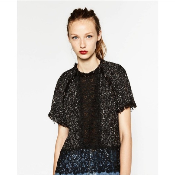 Zara Tops - Zara Tweed & Lace Textured Short Sleeve Raw Hem Top Black Size Small